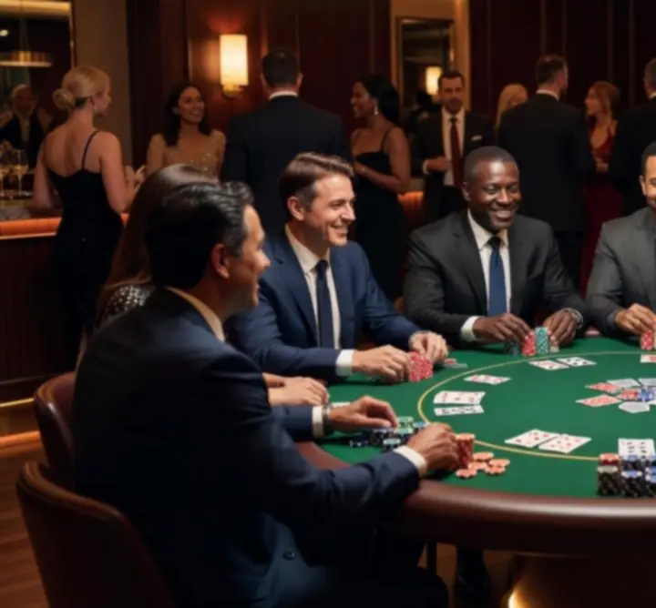 Profesjonalnie zaaranżowany wieczór pokerowy z żetonami i kartami na stole